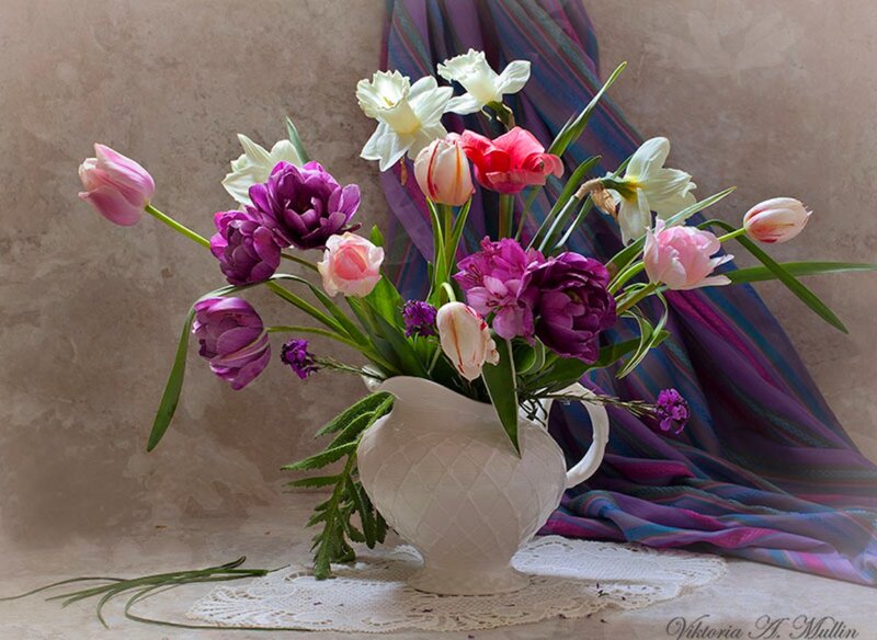 Flower Bouquet in Vase — Purple, Serene, Spring, Photograph, Cloth