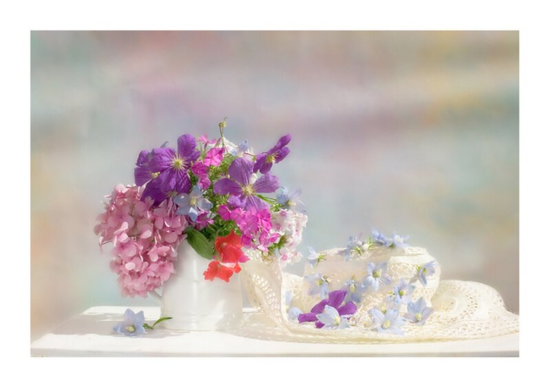 Flower Bouquet in Vase — Purple, Serene, Spring, Photograph, Hat