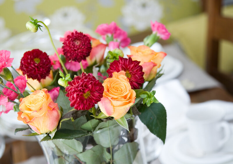 Flower Bouquet in Vase — Red, Calm, Photograph, Table Setting
