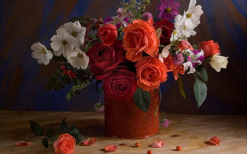 Flower Bouquet in Vase — Red, Dramatic, Photograph