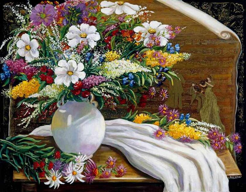 Flower Bouquet in Vase — White, Colorful