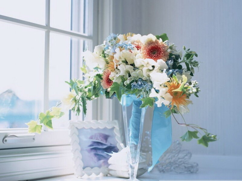 Flower Bouquet in Vase — White, Serene, Morning, Photograph