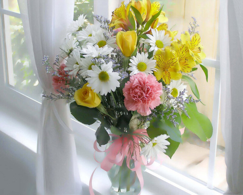 Flower Bouquet in Vase — White, Serene, Morning, Photograph, Window, Curtain