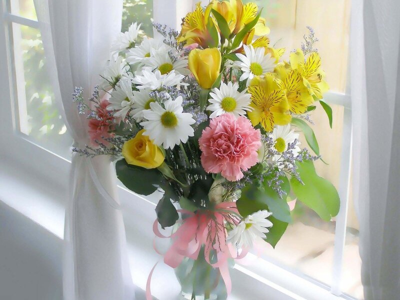 Flower Bouquet in Vase — White, Serene, Morning, Photograph, Window