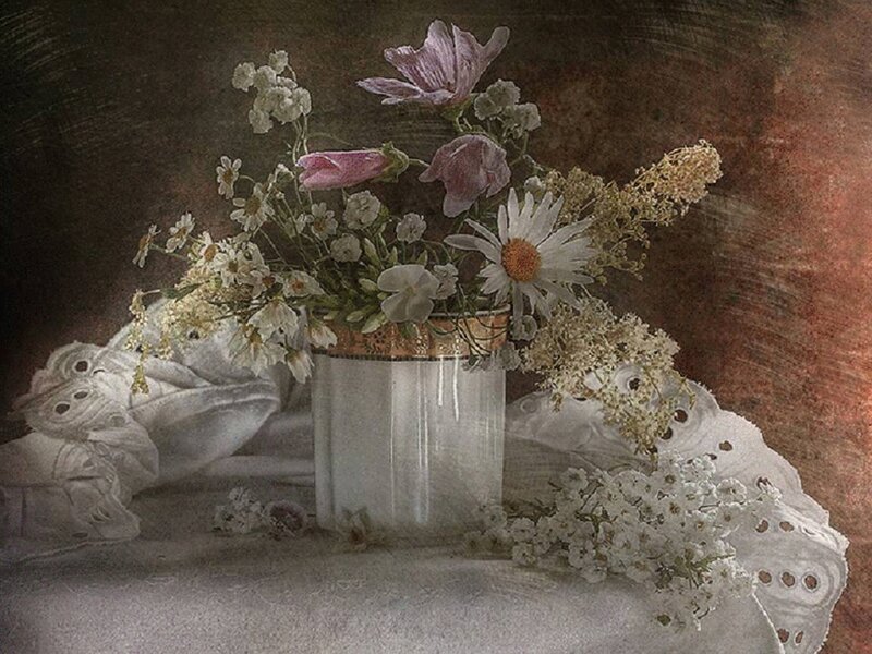 Flower Bouquet in Vase — White, Serene, Painting, Cloth