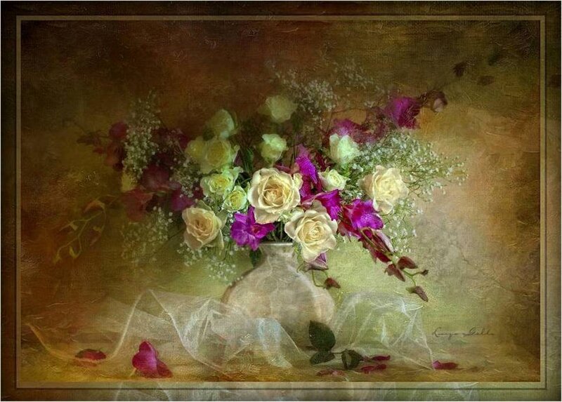Flower Bouquet in Vase — White, Serene, Painting, Petals