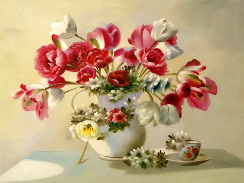 Flower Bouquet in Vase — White, Serene, Painting, Teacup, Table