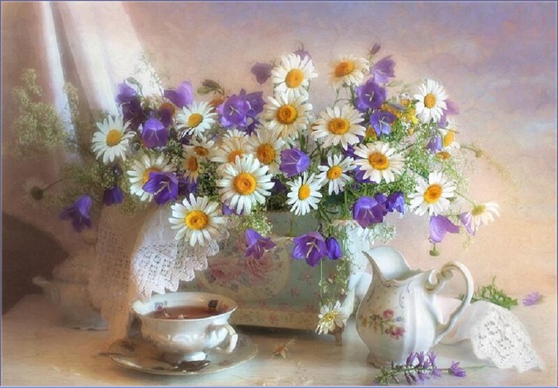 Flower Bouquet in Vase — White, Serene, Painting, Teacup