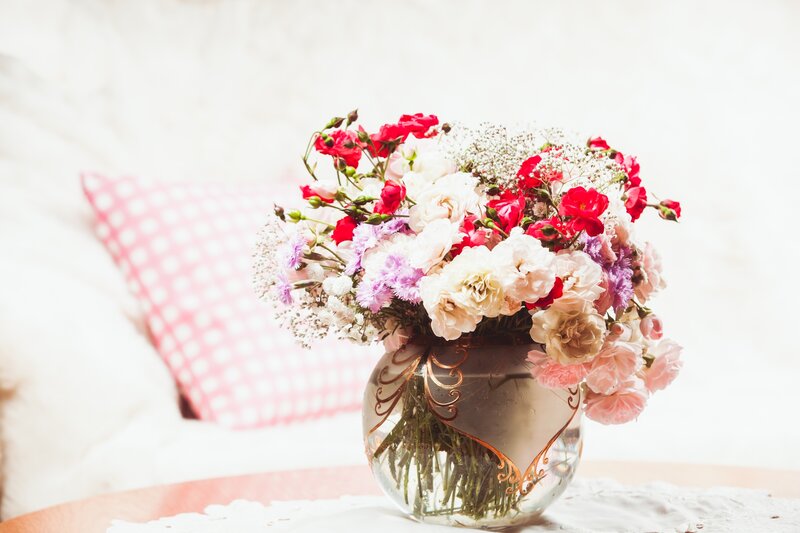 Flower Bouquet in Vase — White, Serene, Photograph, Pillow