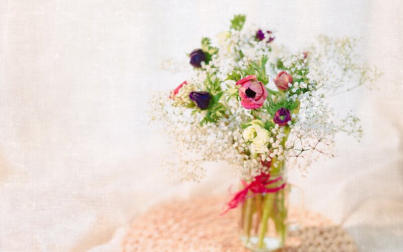 Flower Bouquet in Vase — White, Serene, Photograph, Ribbon