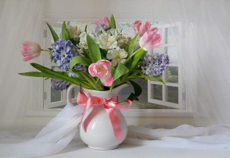 Flower Bouquet in Vase — White, Serene, Spring