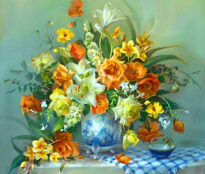 Flower Bouquet in Vase — Yellow, Serene, Painting