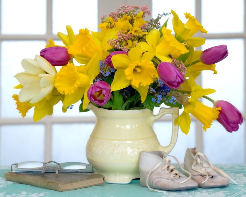 Flower Bouquet in Vase — Yellow, Serene, Spring, Photograph