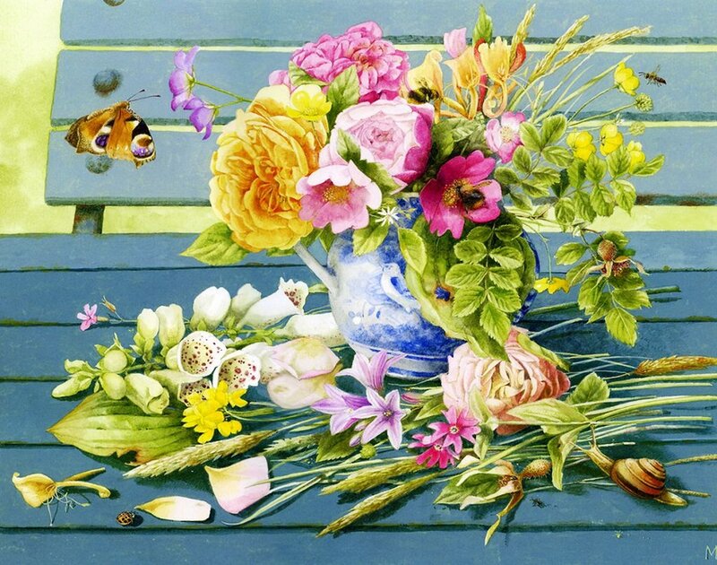 Flower Bouquet on Bench — Blue, Serene