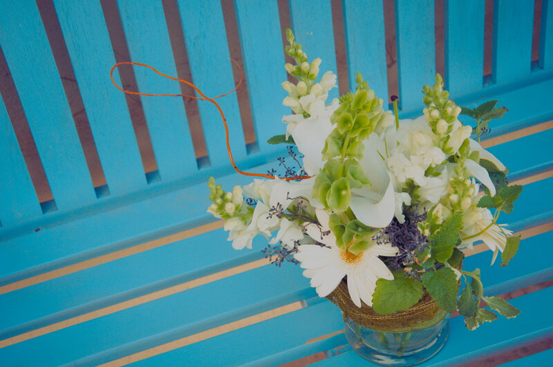 Flower Bouquet on Bench — Blue