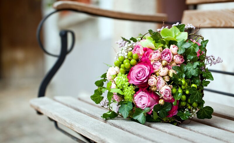 Flower Bouquet on Bench — Pink, Serene, Afternoon