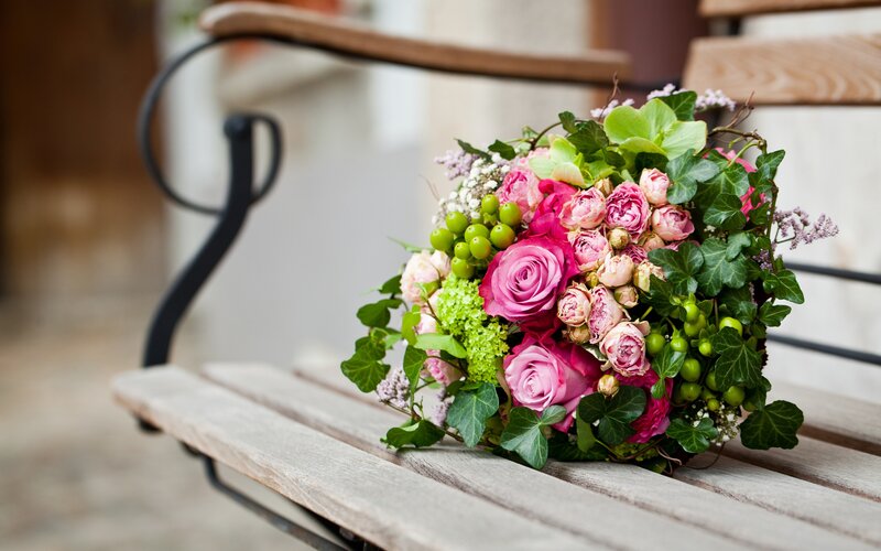 Flower Bouquet on Bench — Pink