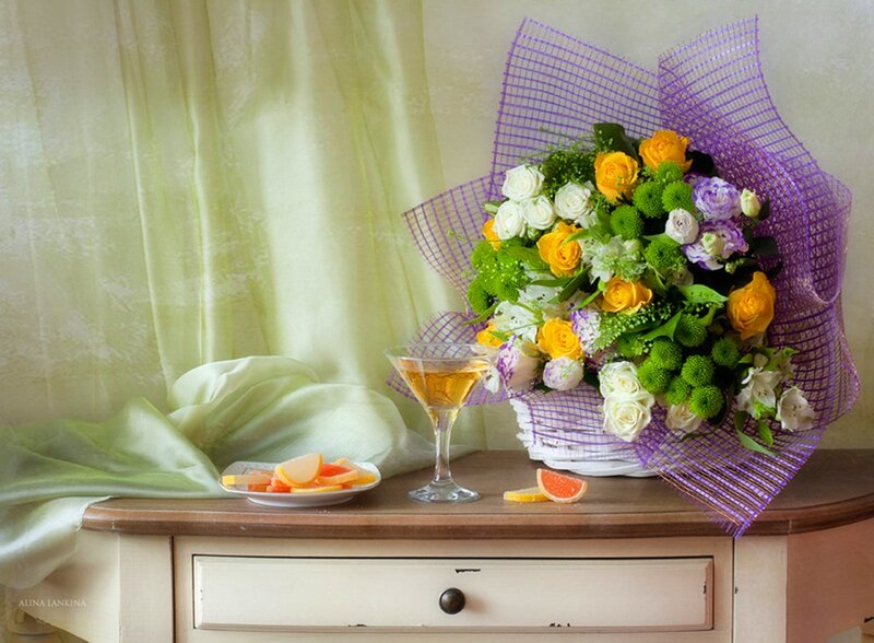 Flower Bouquet on Table — Purple, Serene, Afternoon