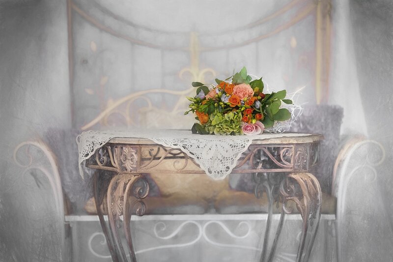 Flower Bouquet on Table — White, Serene