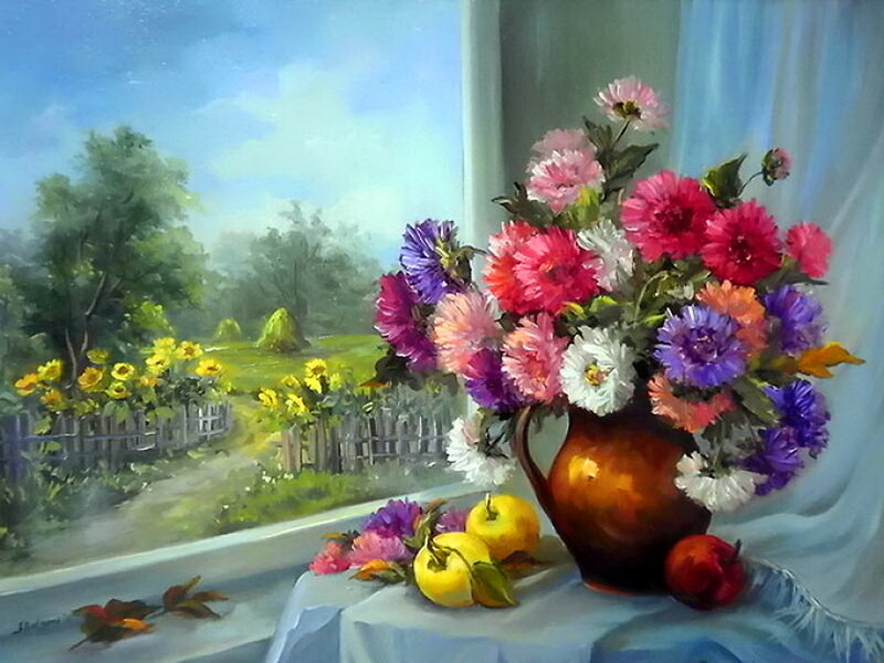 Flower Bouquet on Windowsill — Blue