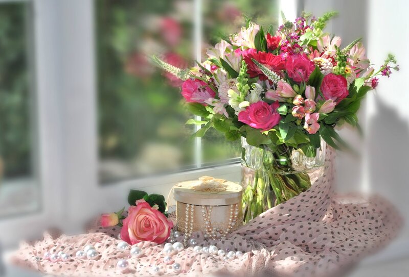 Flower Bouquet on Windowsill — Pink, Serene