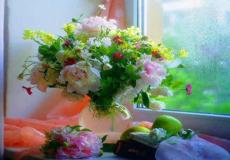 Flower Bouquet on Windowsill — Pink