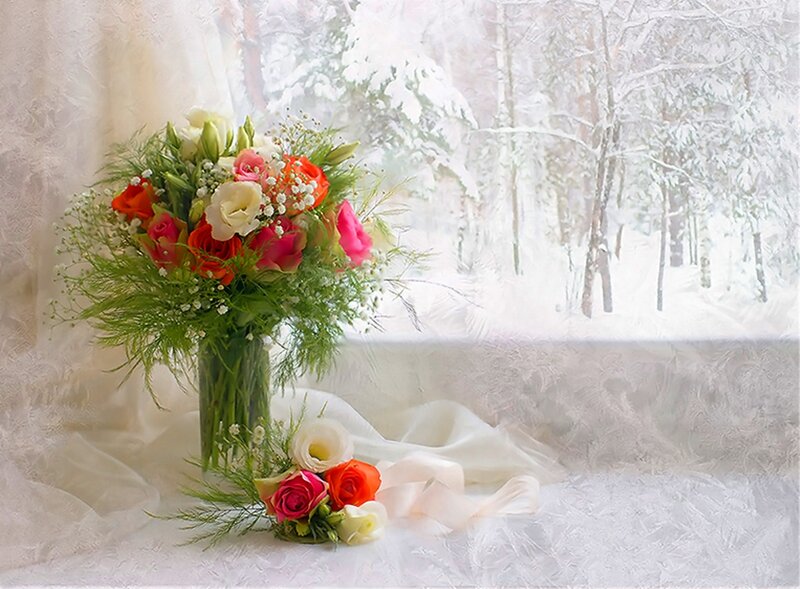 Flower Bouquet on Windowsill — White