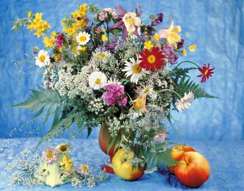 Flower Bouquet with Apples — Blue, Calm