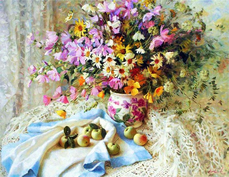Flower Bouquet with Apples — Pink, Serene