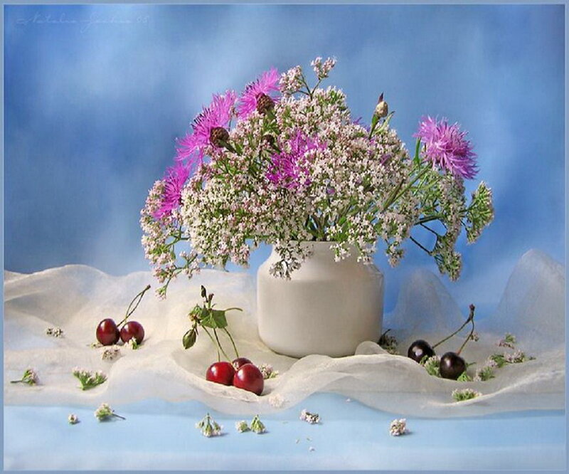 Flower Bouquet with Cherries — Blue