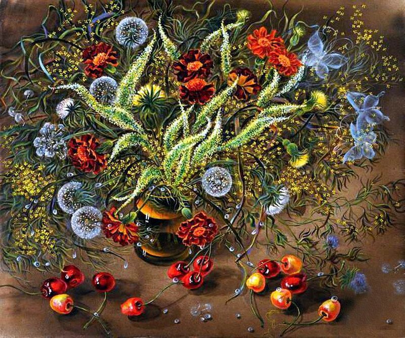 Flower Bouquet with Cherries — Green