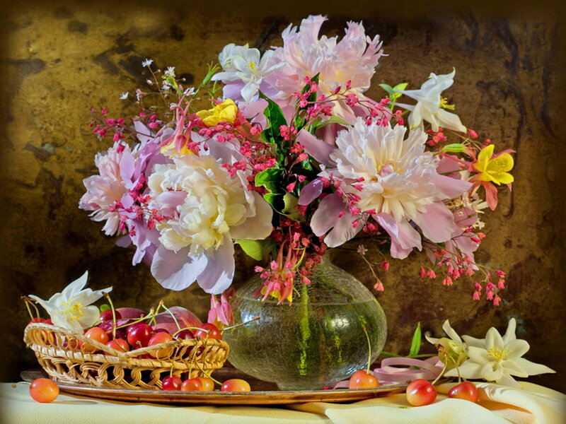 Flower Bouquet with Cherries — Pink, Serene