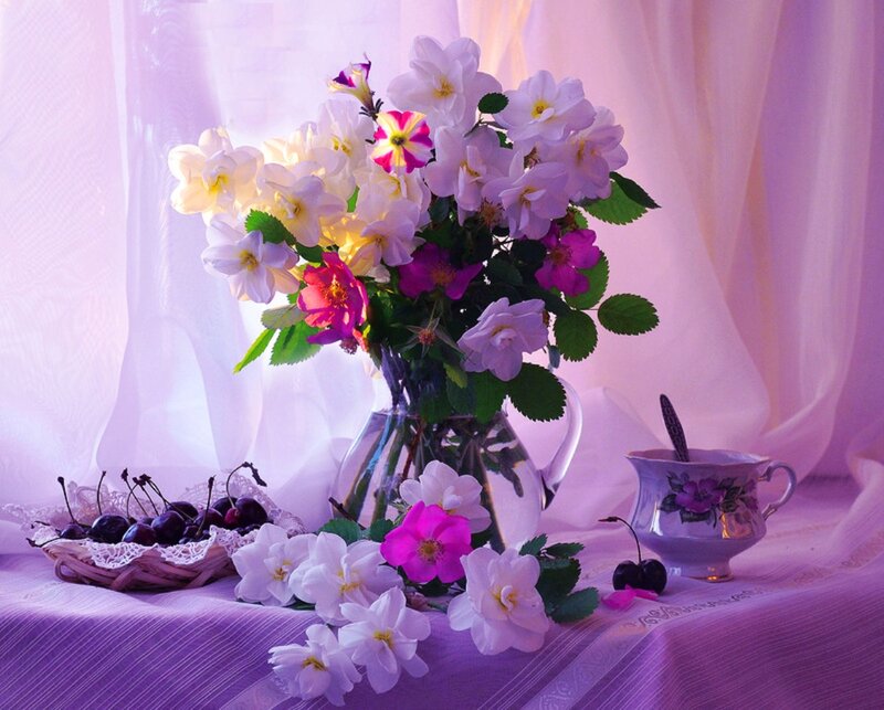 Flower Bouquet with Cherries — Purple, Serene