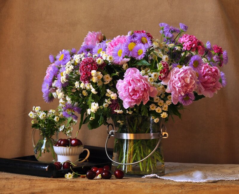 Flower Bouquet with Cherries — Purple