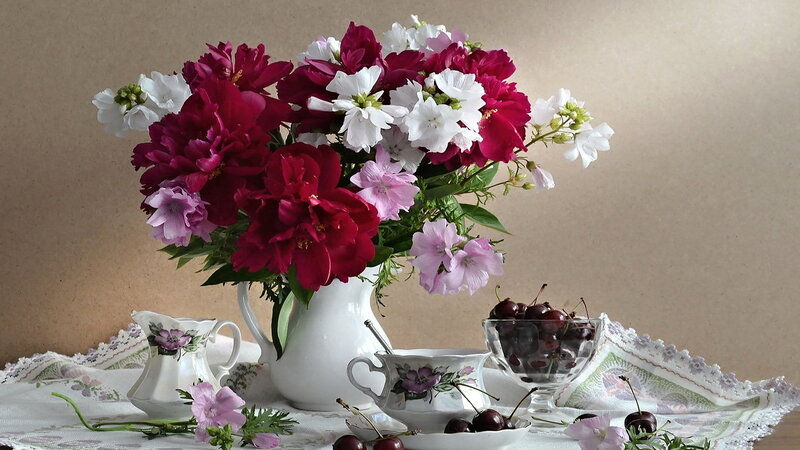 Flower Bouquet with Cherries — White