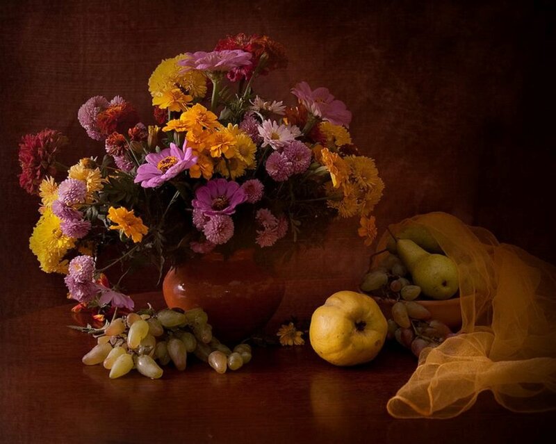 Flower Bouquet with Fruit — Brown, Dramatic