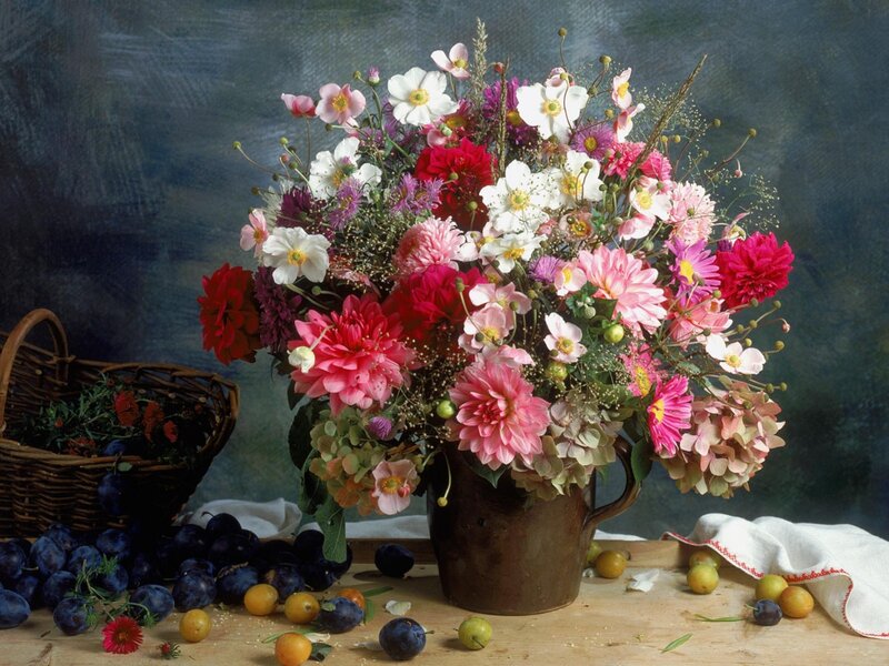 Flower Bouquet with Fruit — Pink, Calm, Photograph, Basket, Plums
