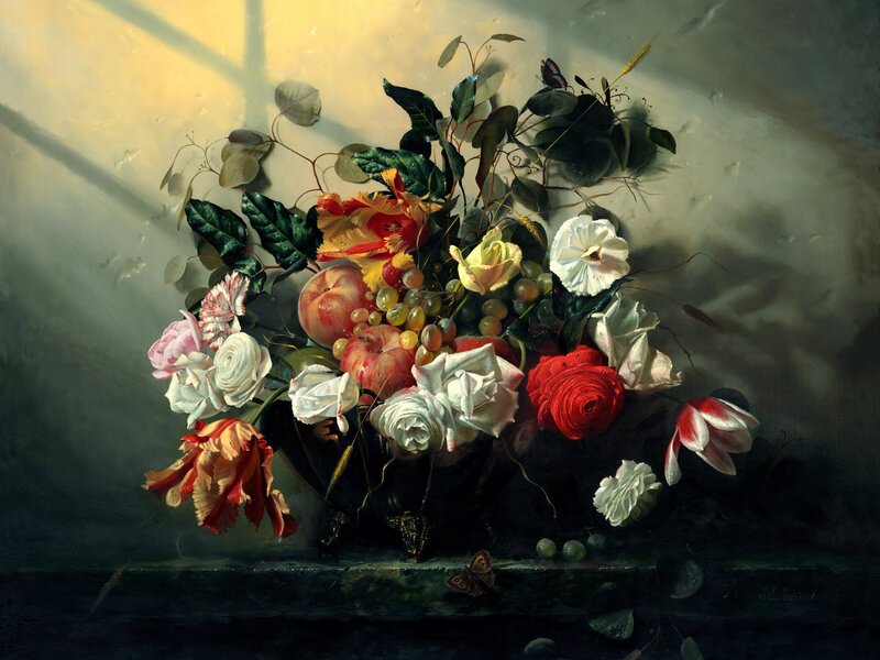 Flower Bouquet with Fruit — White, Dramatic, Painting