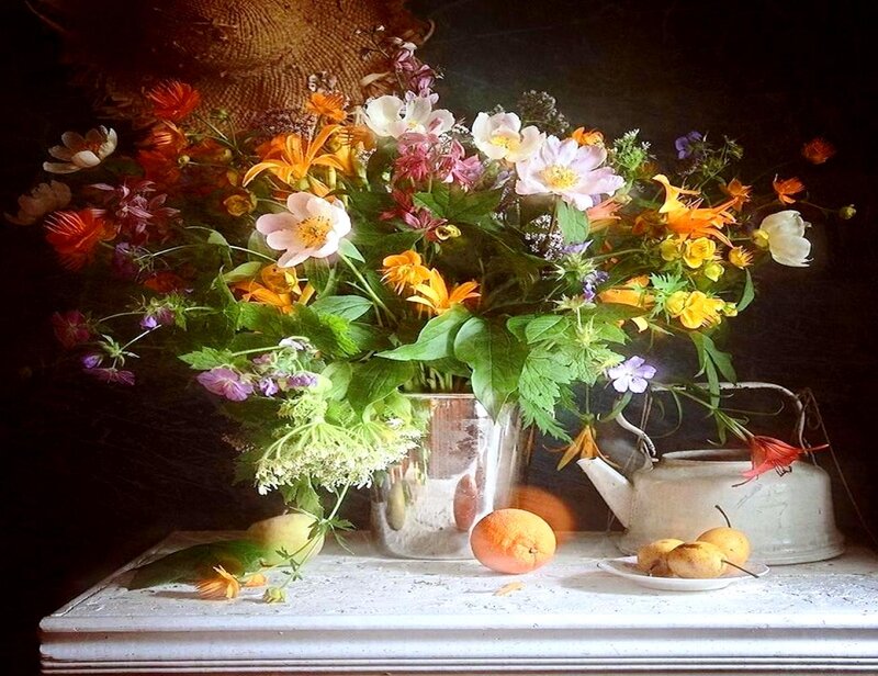 Flower Bouquet with Fruit — White, Dramatic