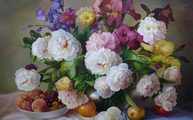 Flower Bouquet with Fruit — White, Serene