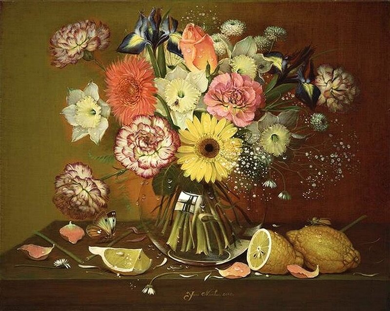 Flower Bouquet with Fruit — Yellow, Still Life
