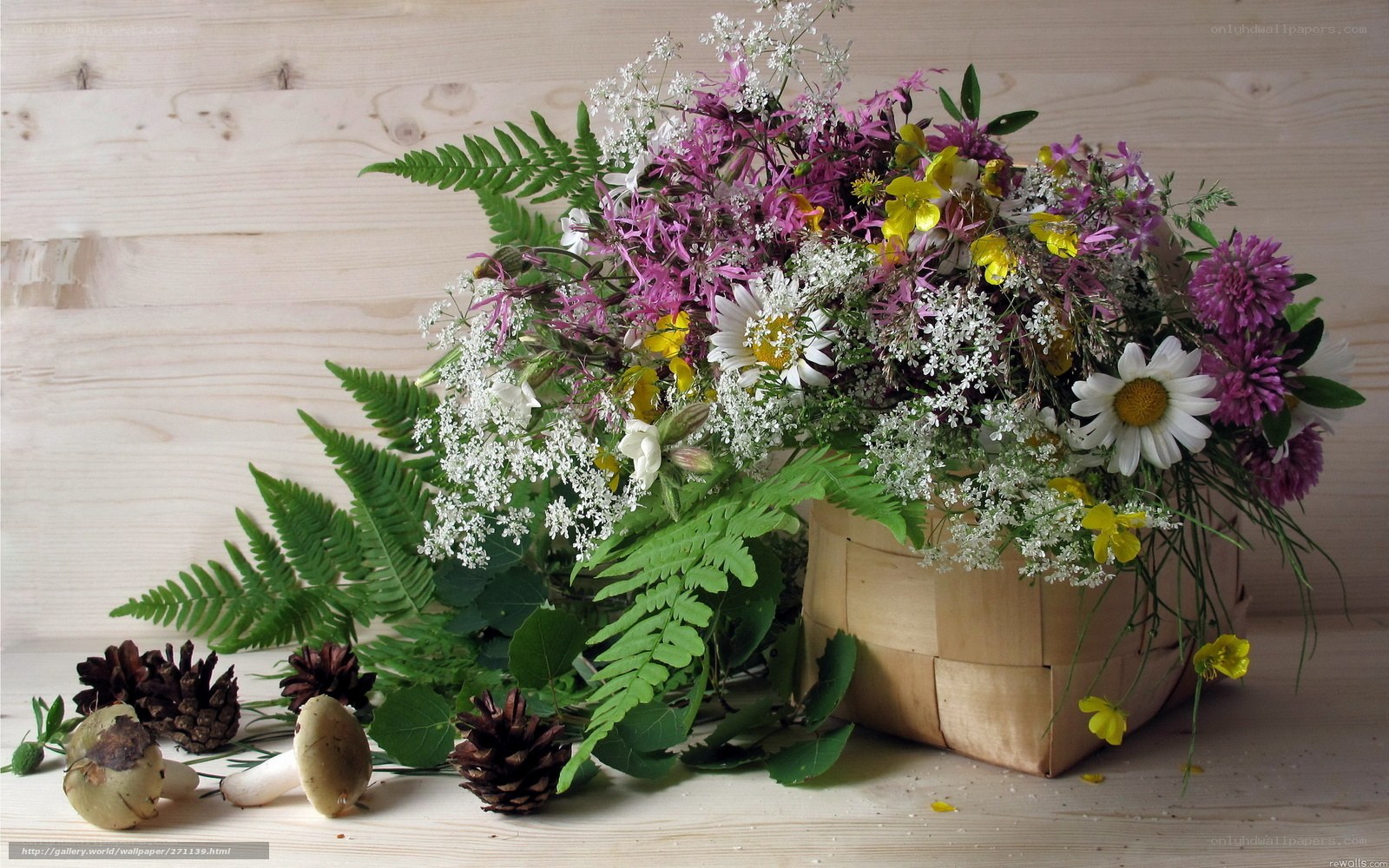 Flower bouquet with mushrooms and pinecones