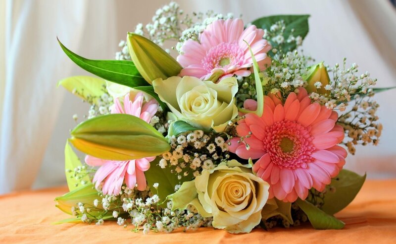 Flower Bouquet with Roses — Pink, Calm, Photograph, Gerbera Daisies