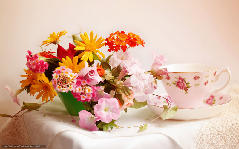 Flower Bouquet with Teacup — Pink, Serene, Afternoon