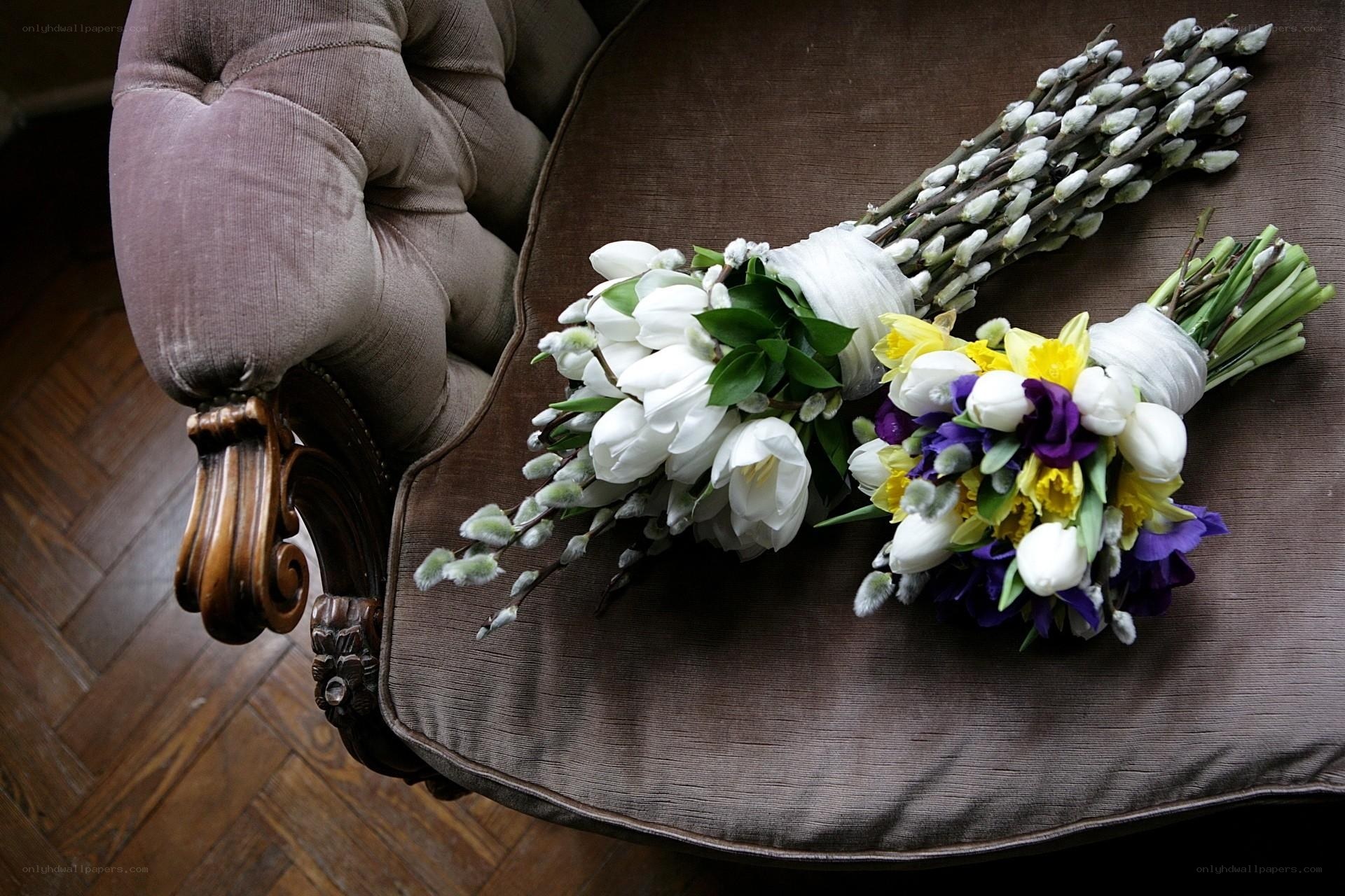 Flower bouquets on a chair