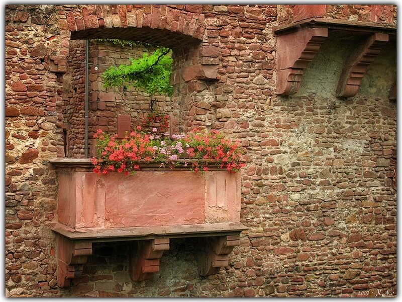Flower box on old stone wall