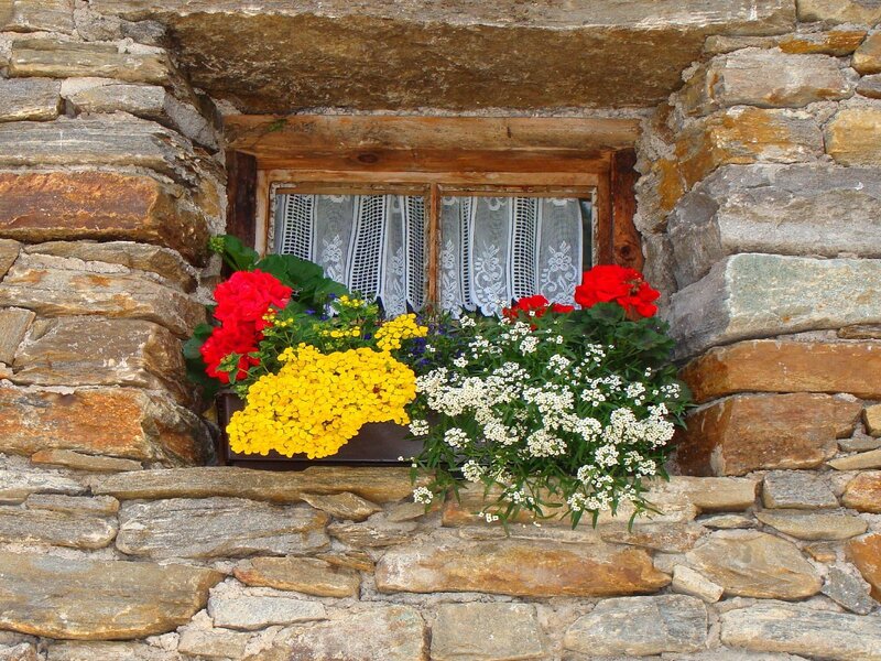 Flower box on stone wall