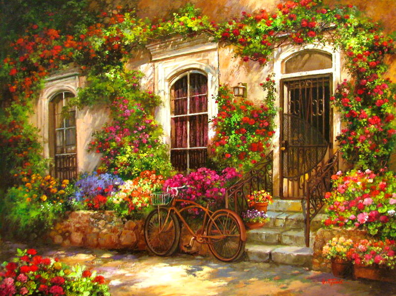 Flower-covered Cottage — Red, Serene