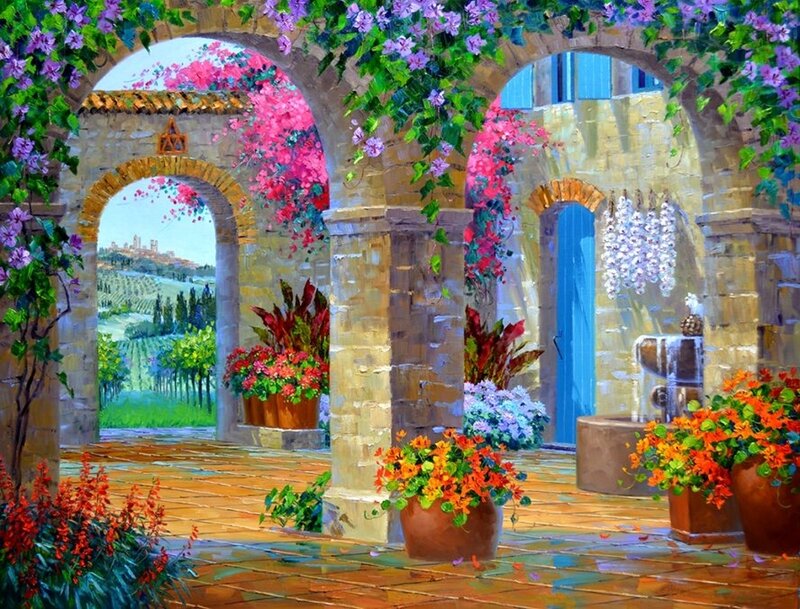 Flower-covered Courtyard — Green, Serene, Afternoon