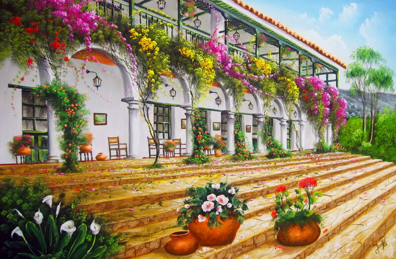 Flower-covered Courtyard — White, Serene